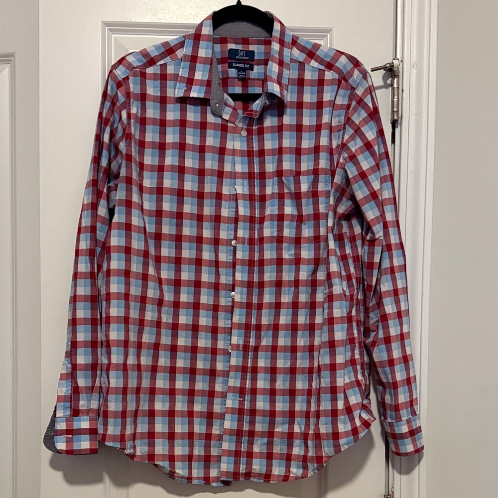 George Men's Red and Light Blue Plaid Shirt